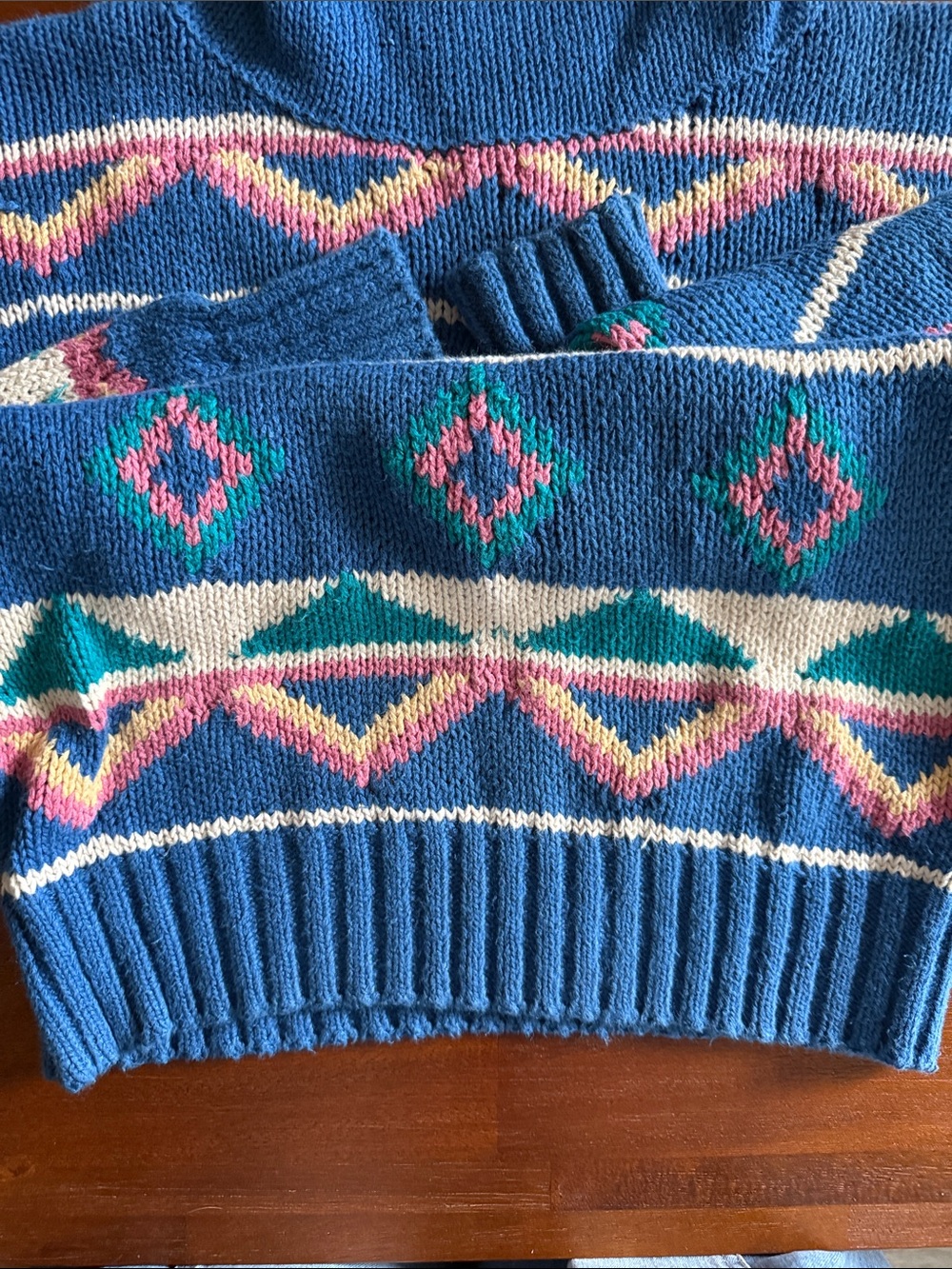 Vintage Marina Blue Geometric Pattern Mock Turtleneck Sweater - Picture 7 of 12